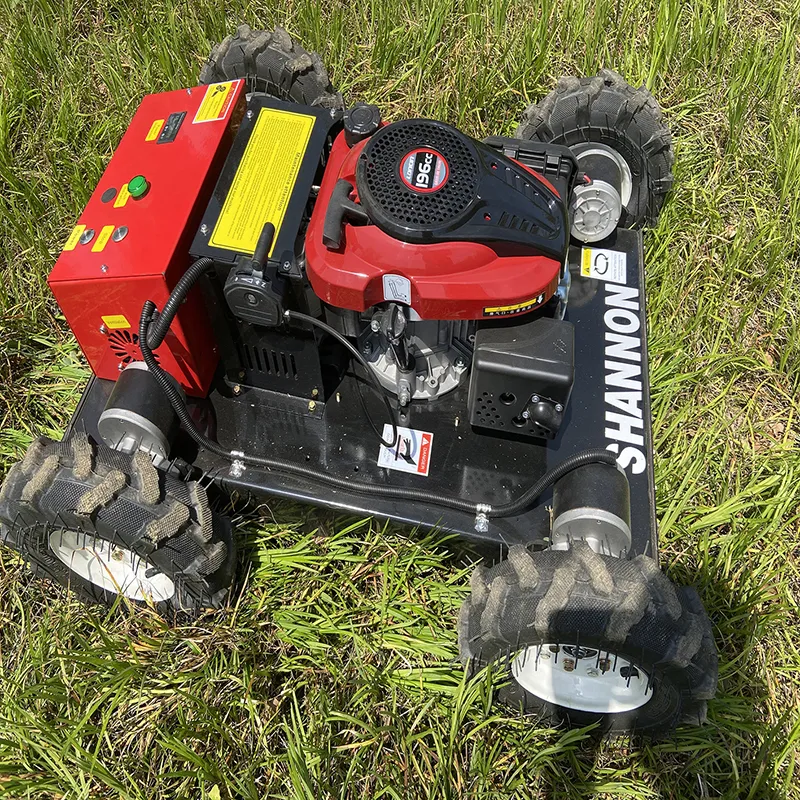 red-shannon-196cc-lawn-mower-angled-top-view-grass-field SN-550S Wheeled Remote Control Lawn Mower Lightweight Compact