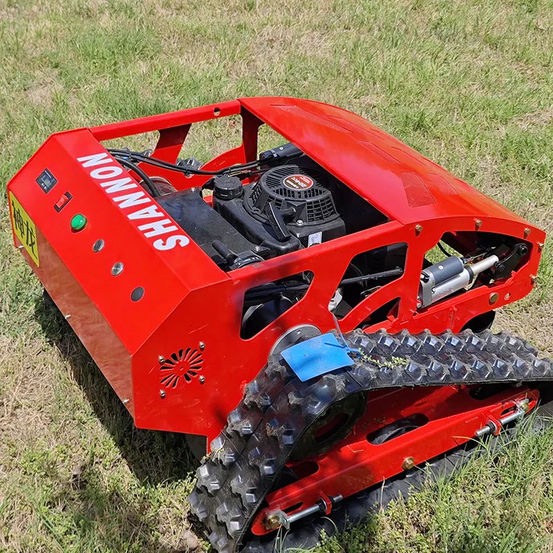 red-shannon-tracked-lawn-mower-side-front-view-grass-field-engine-open SN-550B Remote Control Tracked Slope Lawn Mower with 196cc Engine