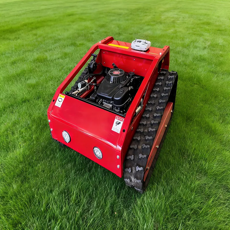 red-tracked-lawn-mower-front-side-view-grassy-field SN-600B Remote Control Tracked Lawn Mower with 225cc Engine